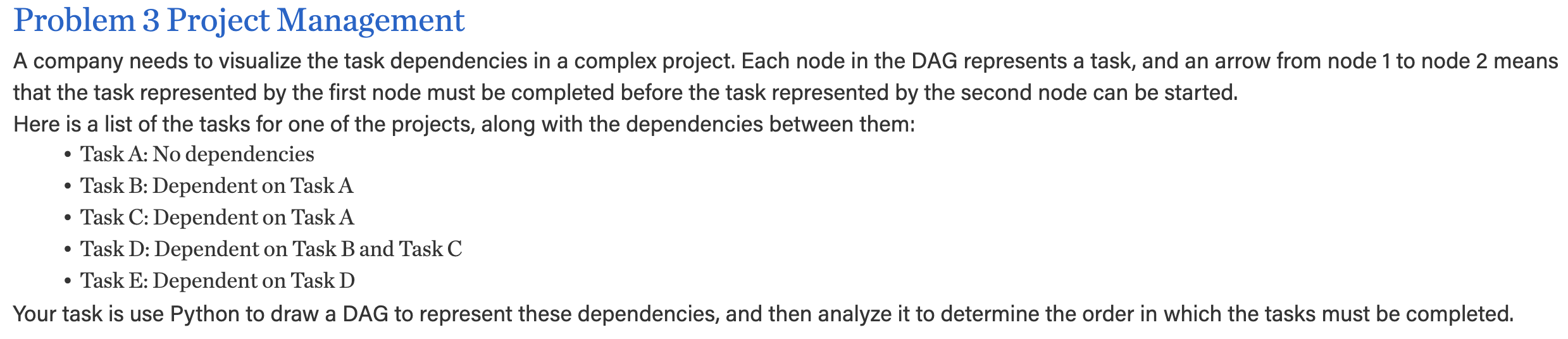  Problem 3 Project Management A company needs to visualize the task