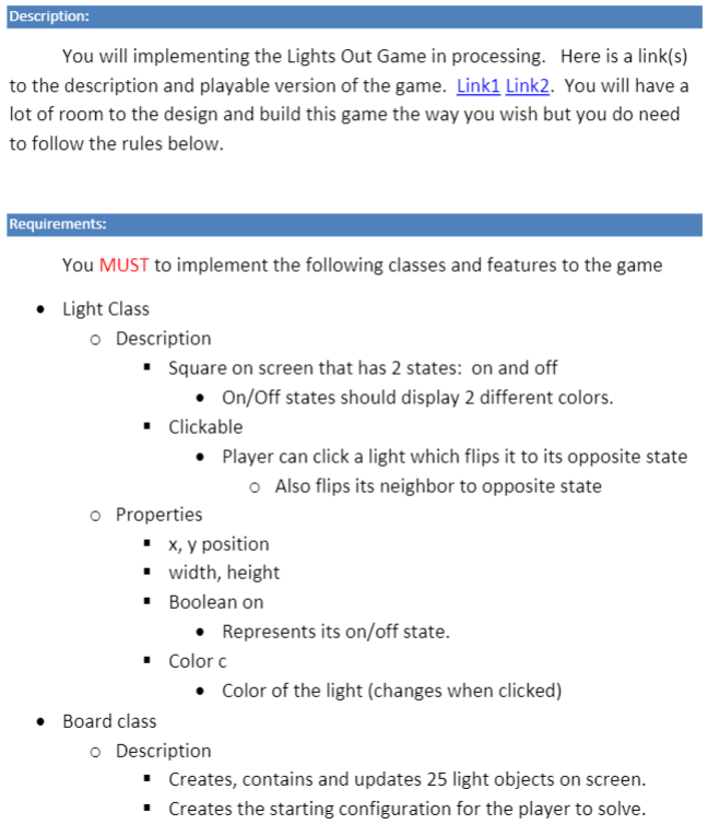 Need help with creating the Lights Out game using Processing: Link1 (for