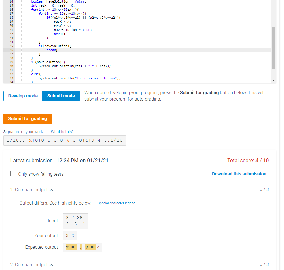 ACTIVITY 4.16.1: LAB: Brute force equation solver 4/10 LabProgram.java Load default template...