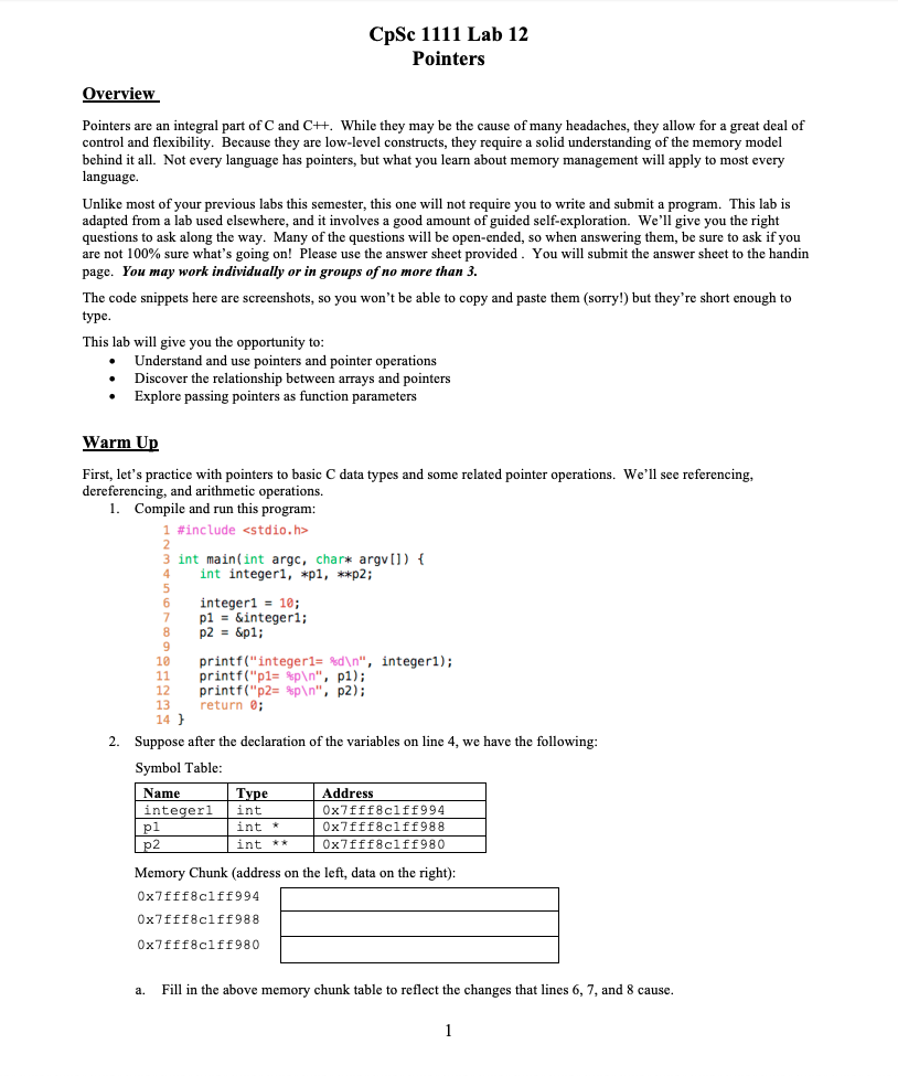C Language. Warm Up 2. Symbol Table: Name Type Address integer1 int