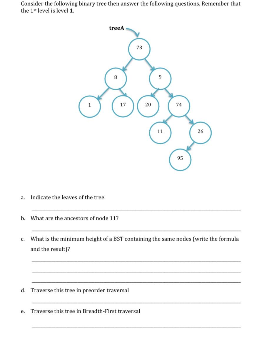 In java Consider the following binary tree then answer the following questions.