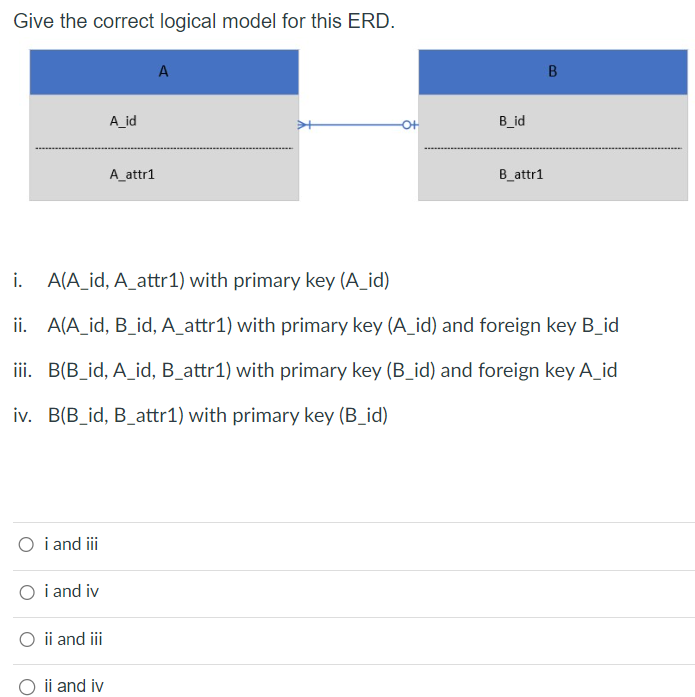  i. A(A_id, A_attr1) with primary key (A_id) ii. A(A_id, B_id, A_attr1)