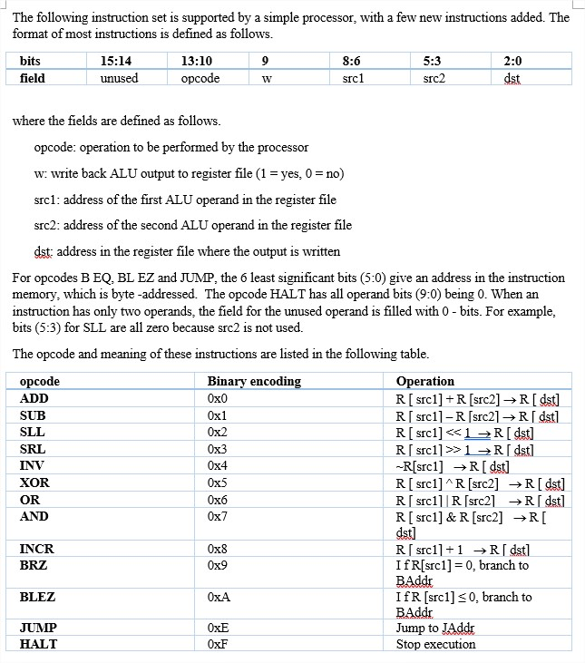  The following instruction set is supported by a simple processor with