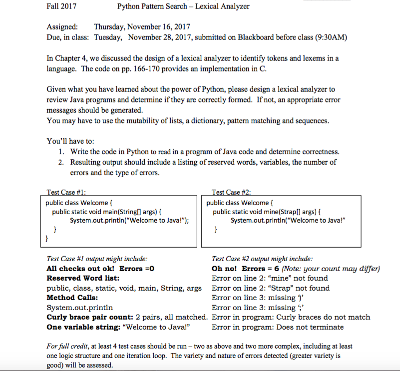  Fall 2017 Python Pattern Search- Lexical Analyzer Assigned: Thursday, November 16,