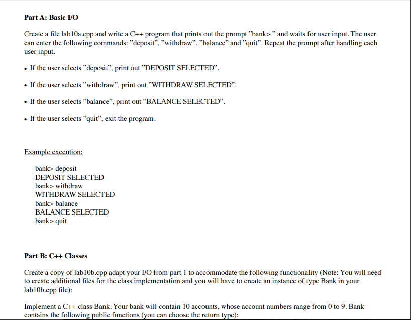  Part A: Basic LO Create a file lab10a.cpp and write a