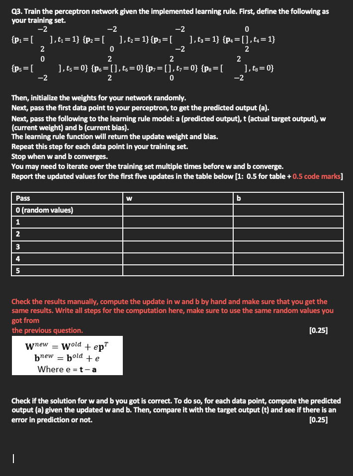  Q3. Train the perceptron network given the implemented learning rule. First,