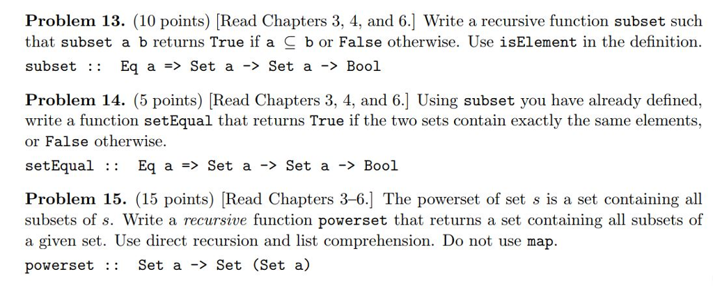 mathematical sets and their operations using Haskell lists. A set is an