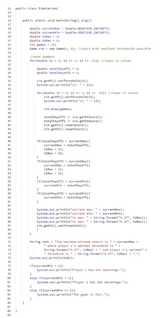 optimal t1 and t2, which player has the advantage, and the average