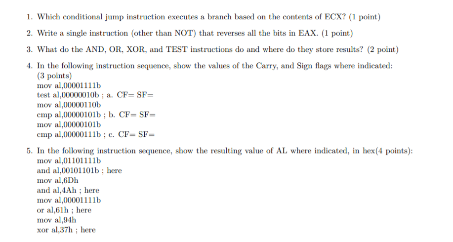  1. Which conditional jump instruction executes a branch based on the