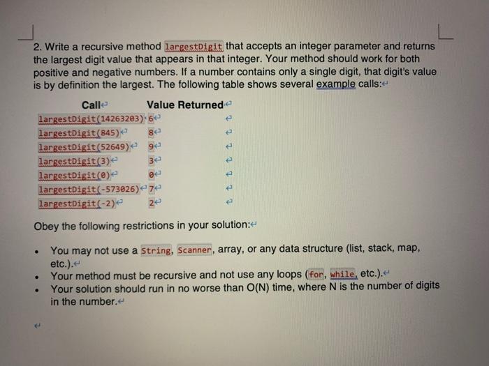  2. Write a recursive method largestDigit that accepts an integer parameter