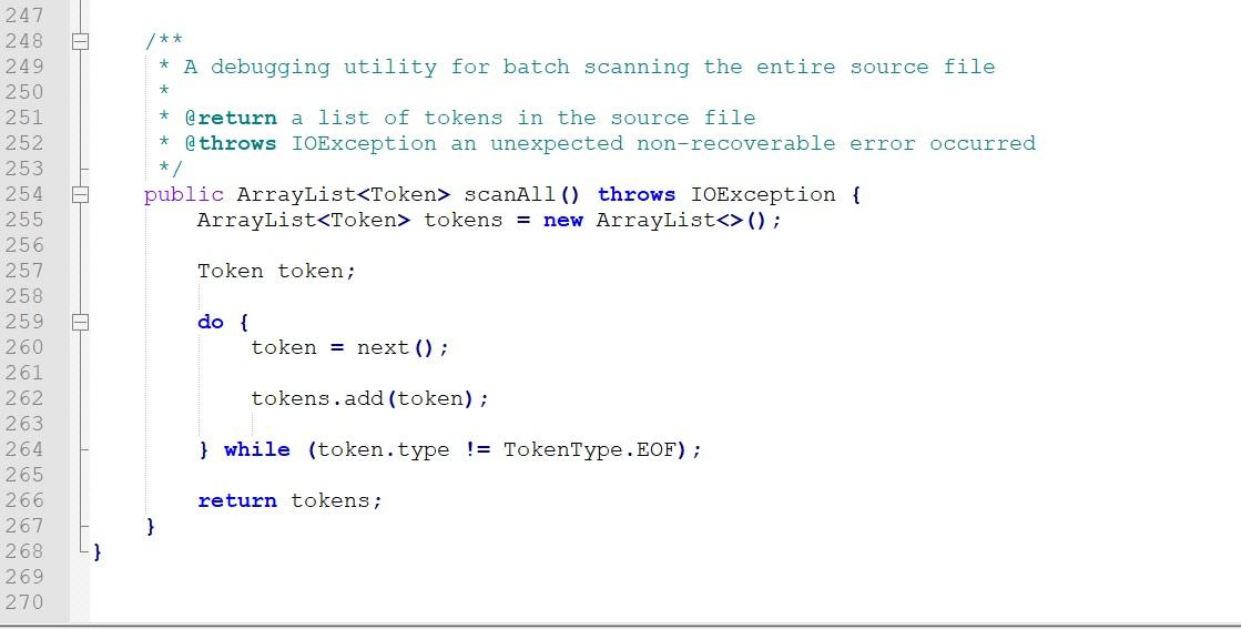 Token.java TokenType.java CS390_Scanner.java Scanner.java Prog1.txt 3 4 5 6 7 8 public