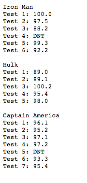 example: Function name: find_avg Parameters: file_name (str), student_name (str) Return value: student_avg