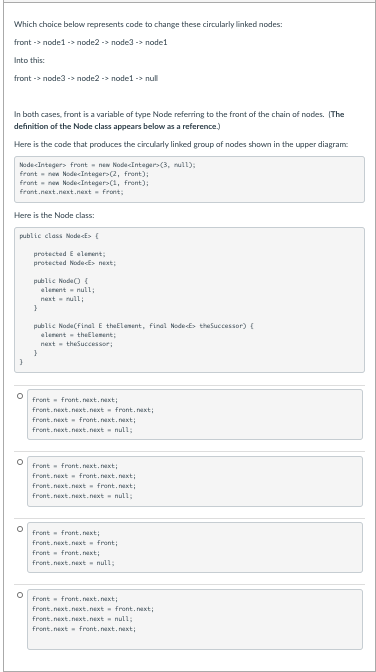 Which choice below represents code to change these circularly linked nodes: