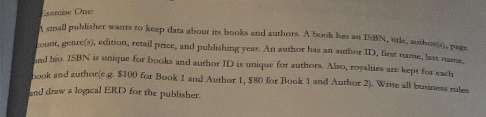  Exercise One: A small publisher wants to keep data about its