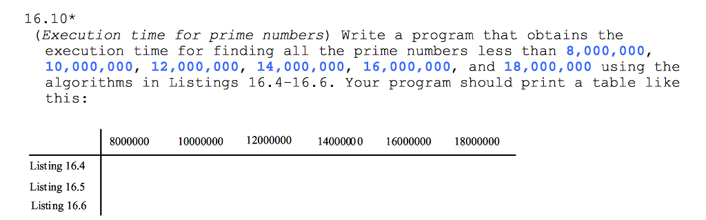 Please use Python 3.6here are the algorithims: 6.10 (Execution time for prime