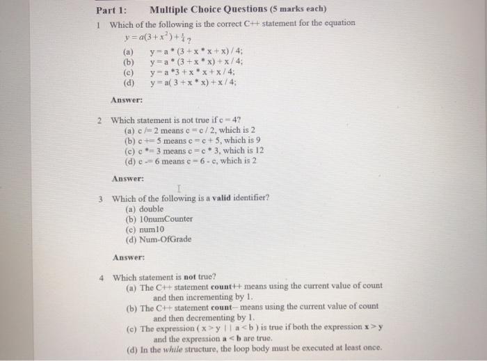  Part 1: Multiple Choice Questions (5 marks each) 1 Which of