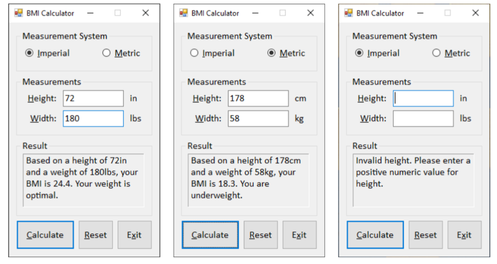 Write a C# Windows Forms application to calculate a user's body mass