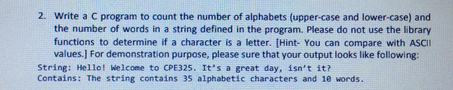 2. Write a C program to count the number of alphabets