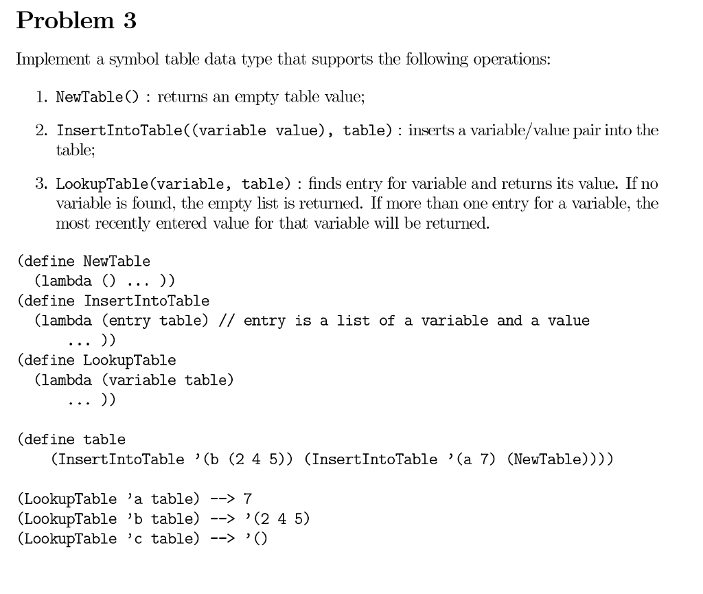  Problem 3 Implement a symbol table data type that supports the