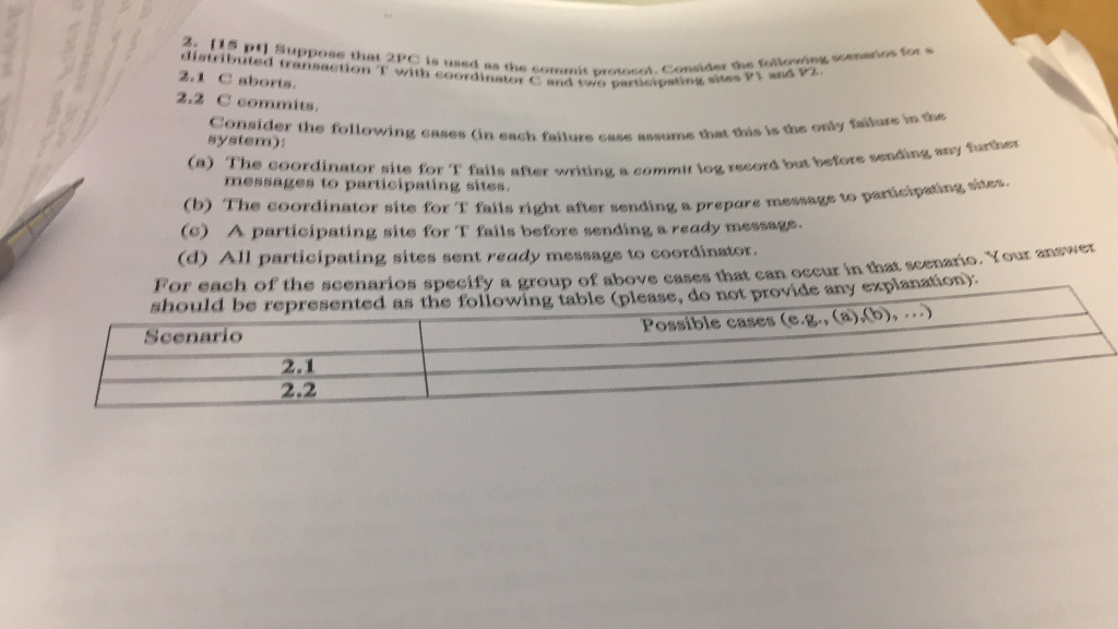  Suppose that 2PC is use as the commit protocol. Consider the