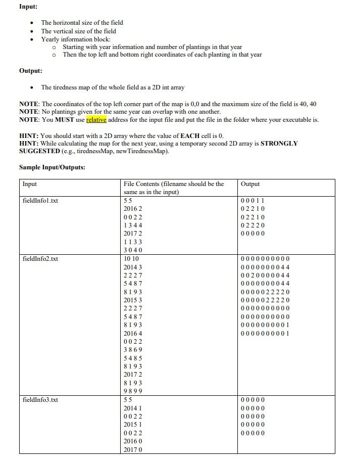 field as a 2D int array (tirednessMap) given the information about which