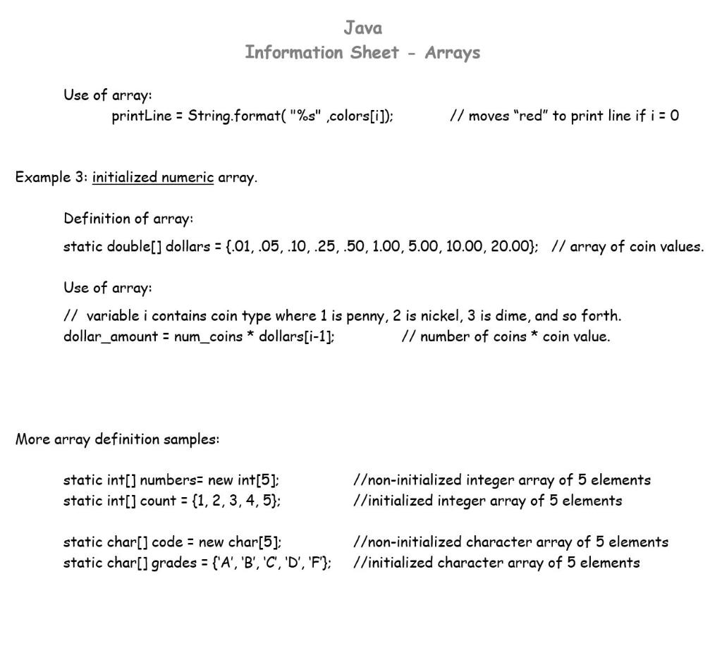 something up. ***************************************************************** Array Reference Sheet Below: Java Arrays - Worksheet 1