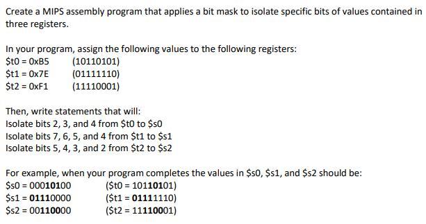 Create a MIPS assembly program that applies a bit mask to
