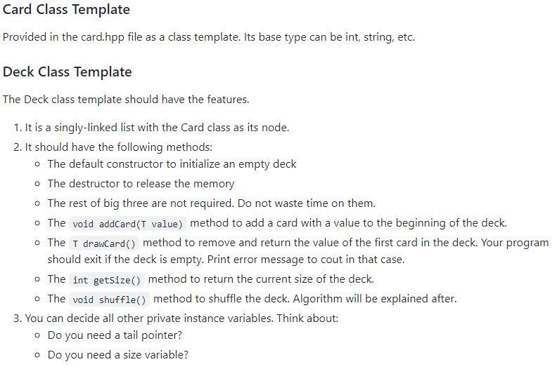 I'm, asking to implement a C++ class template that simulates a deck