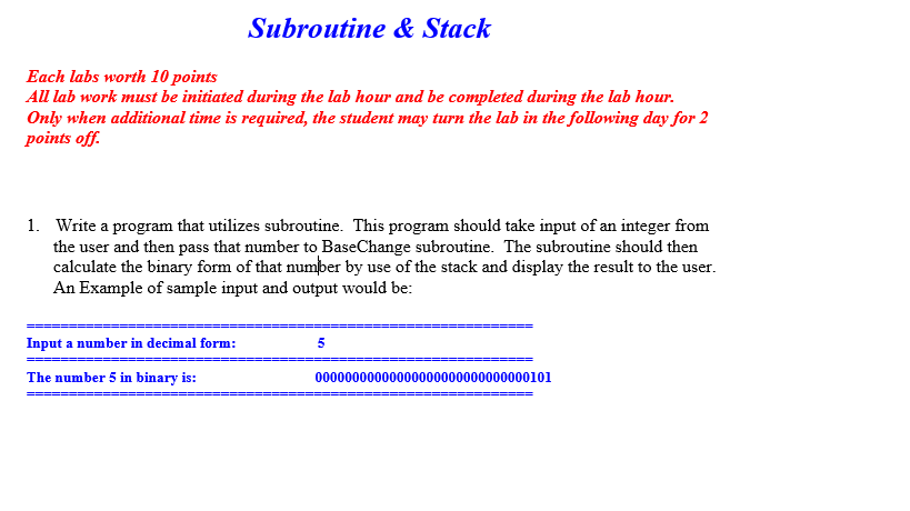 mips assembly language Subroutine & Stack Each labs worth 10 points All