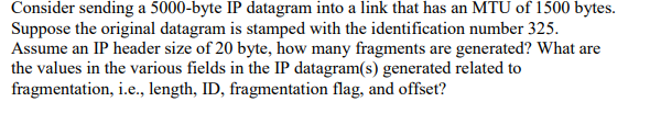  Consider sending a 5000-byte IP datagram into a link that has