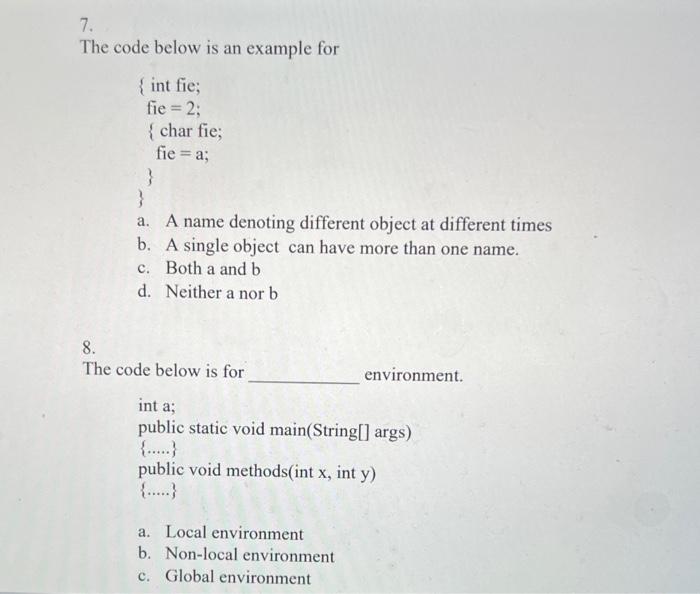  7. The code below is an example for { int fie;