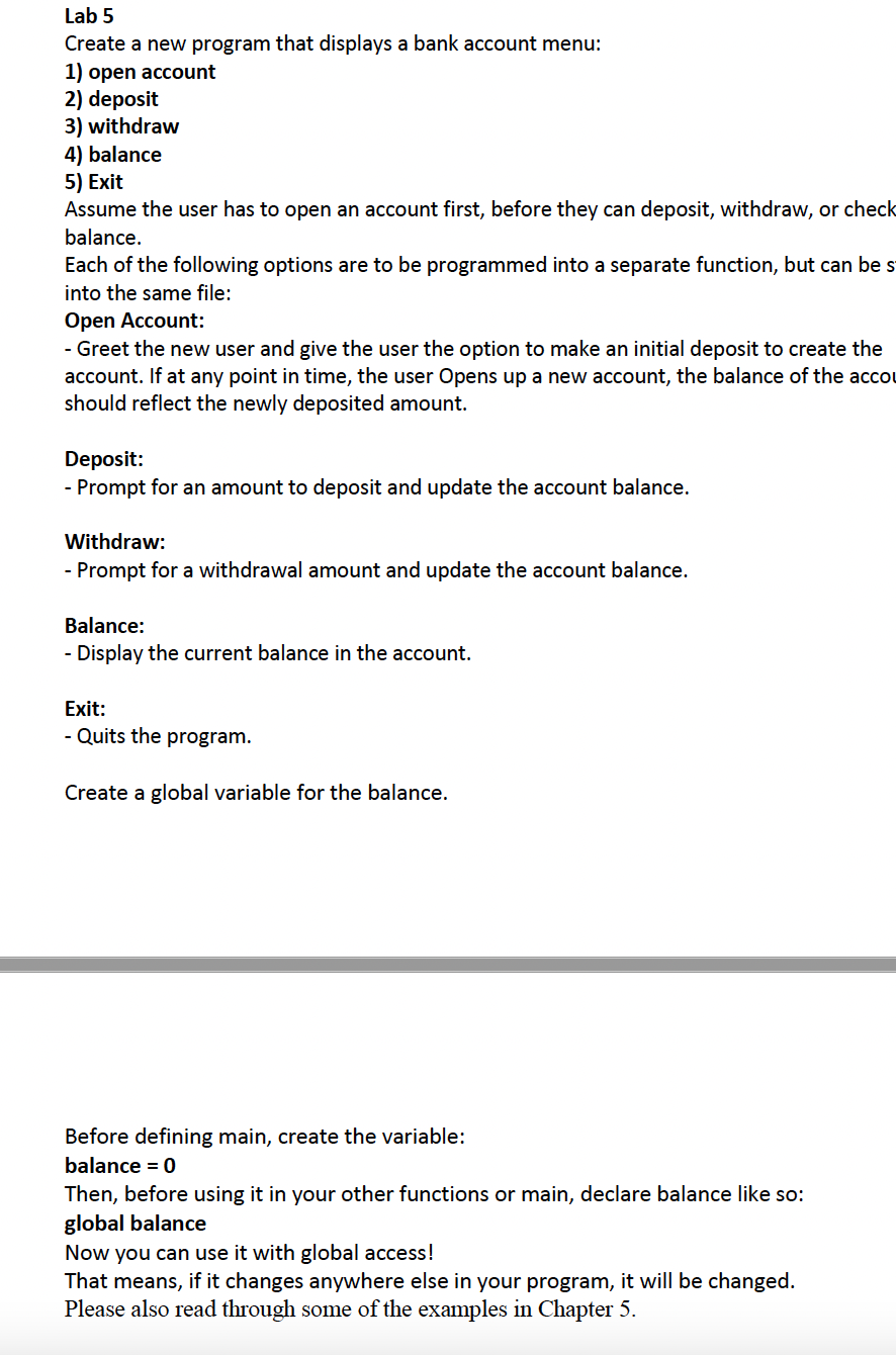 In python, please. Lab 5 Create a new program that displays a
