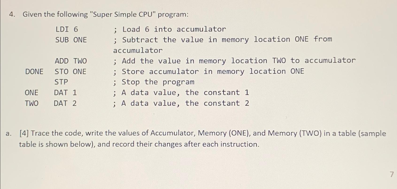  Given the following "Super Simple CPU" program: \table[[,LDI 6,; Load 6