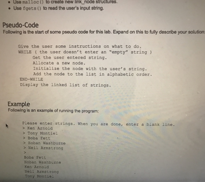 user to build a sorted list of strings. The program will perform
