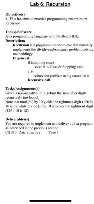  Lab 6: Recursion Objective(s) 1- This lab aims to practice programming