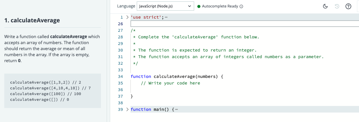  Language JavaScript (Node.js) Autocomplete Ready O ? 1 > 'use strict';