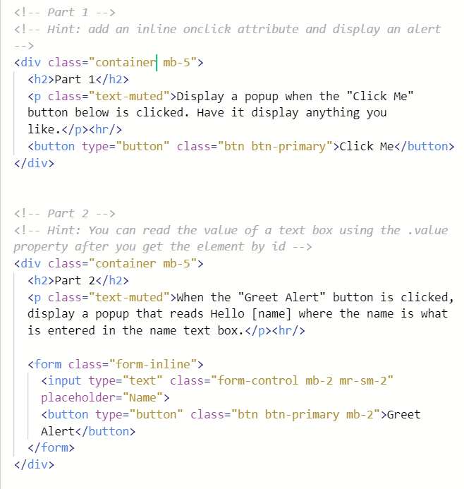  Part 1 Display a popup when the "Click Me" button below