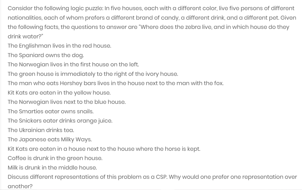 as a CSP. (Note: Discussion of different representations not required, solution of