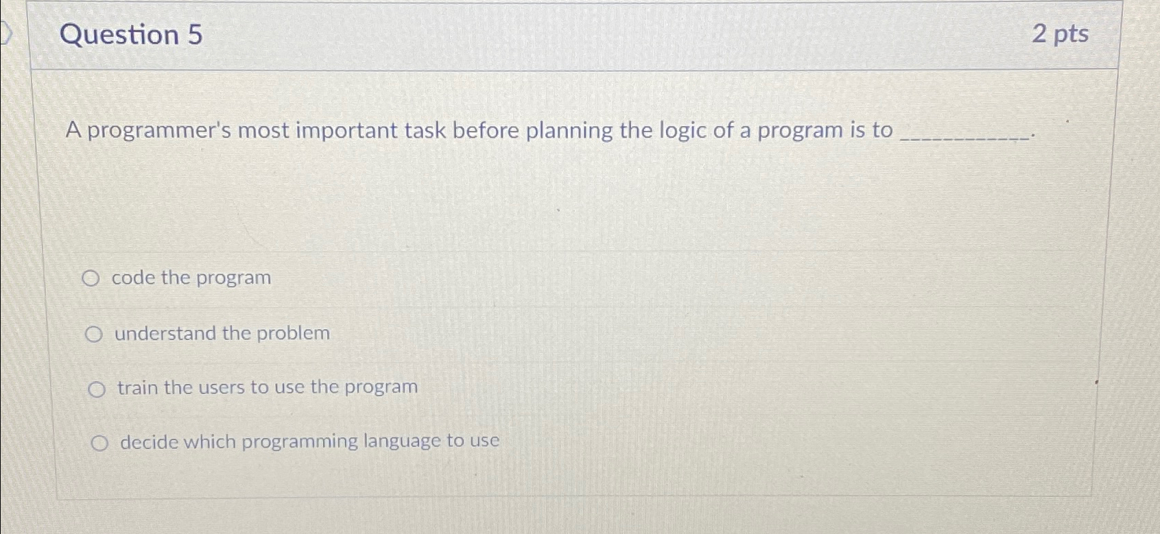  Question 5 2 pts A programmer's most important task before planning