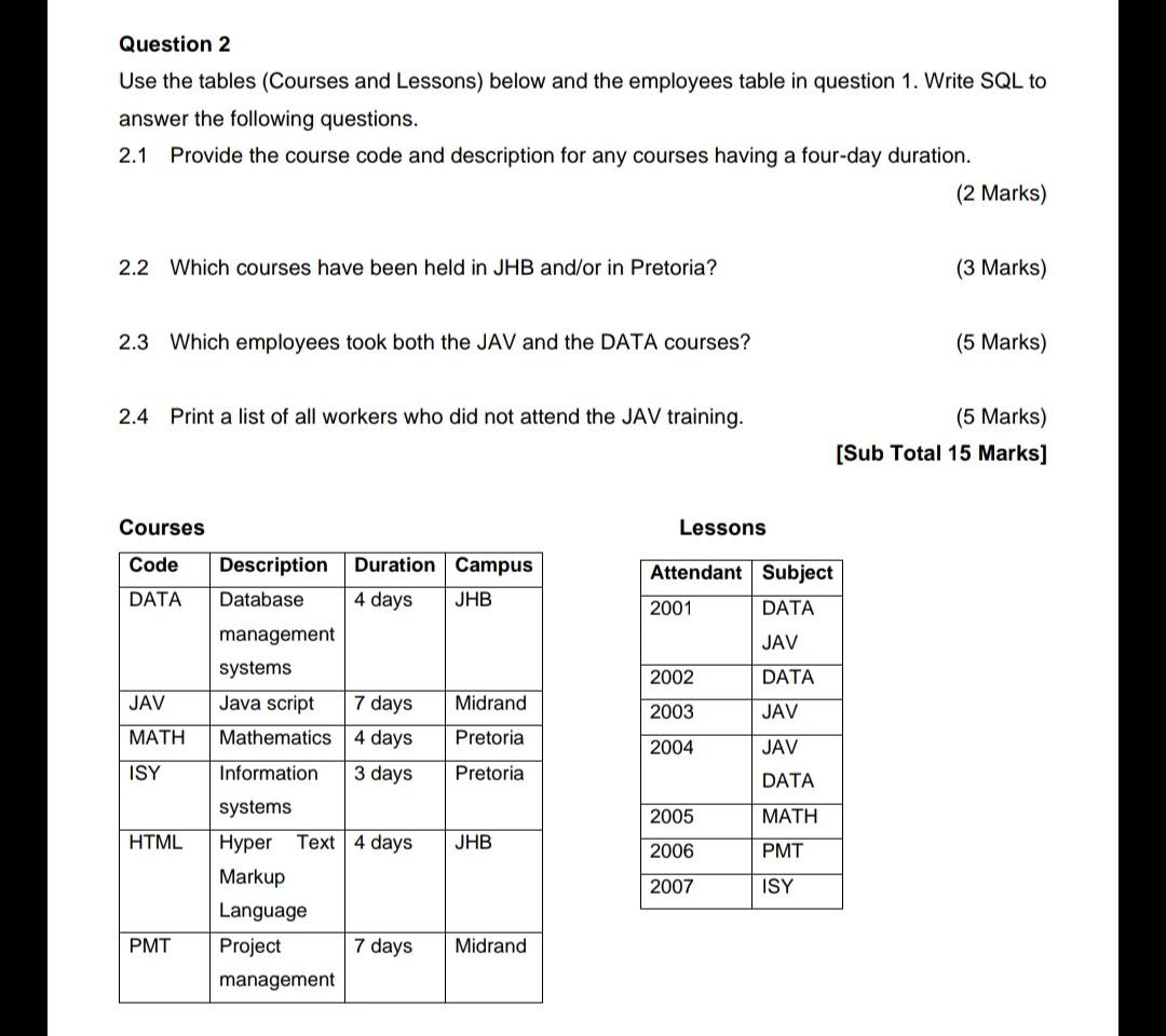  Q2 please provide answers for this SQL database question Question 2