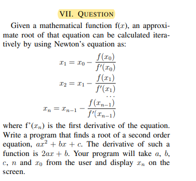 only java language 12 = 11- VII. QUESTION Given a mathematical function