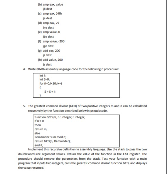 (b) cmp eax, value jb dest (c) cmp eax, 04fh je