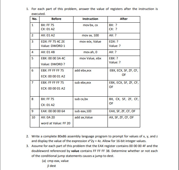 dest (d) cmp eax, 79 jne dest (e) cmp value, o jbe