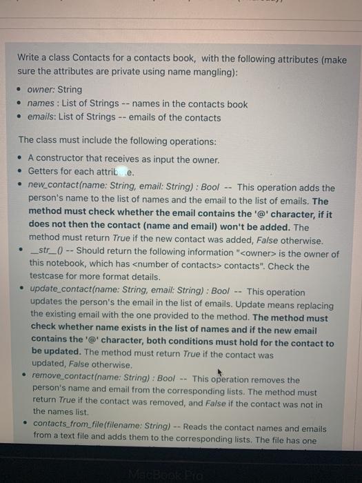  programming language python check for test case Write a class Contacts