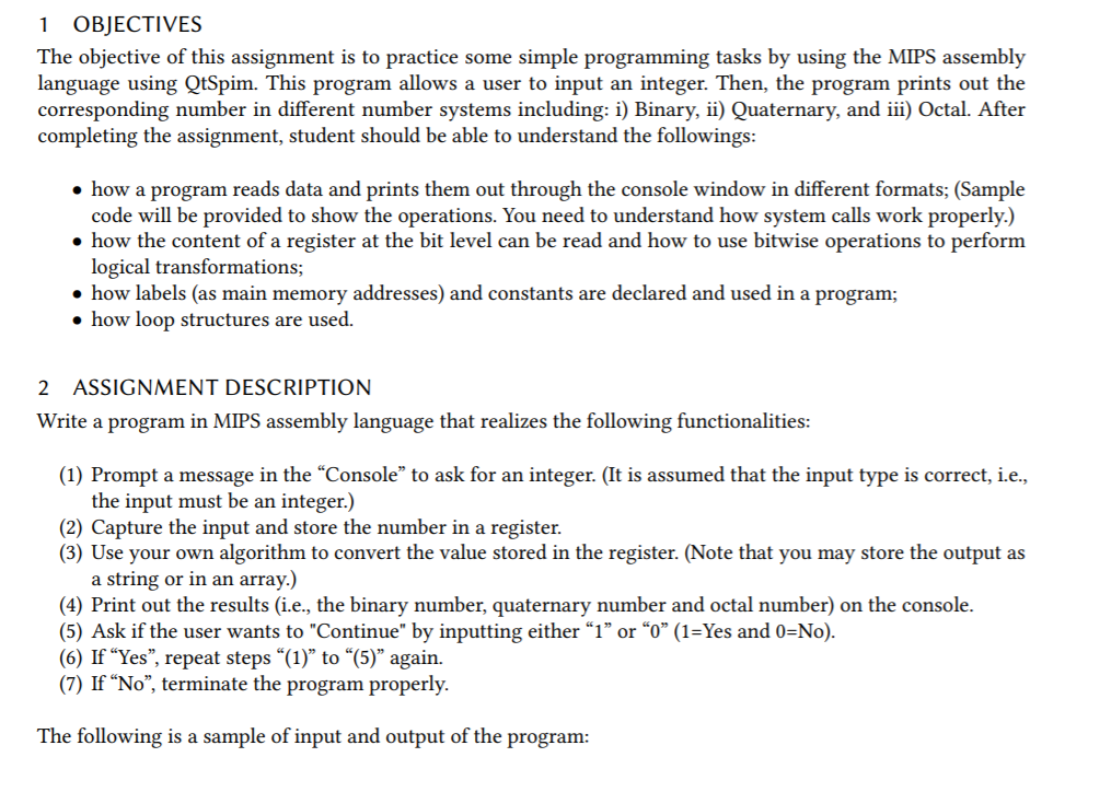  code in MIPS please 1 OBJECTIVES The objective of this assignment