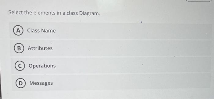  Select the elements in a class Diagram. Class Name Attributes Operations