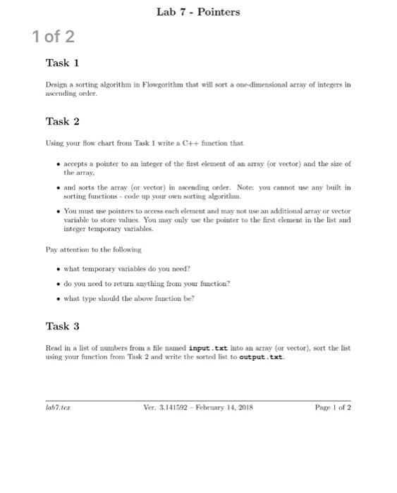  Lab 7 - Pointers 1 of 2 Task 1 Design a