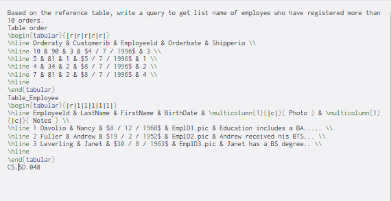  Based on the reference table, write a query to get list