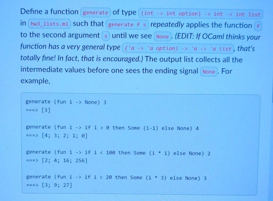  please fast Define a function generate of type (int -> int