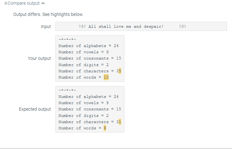 single line) from the user and displays the number of words, characters,